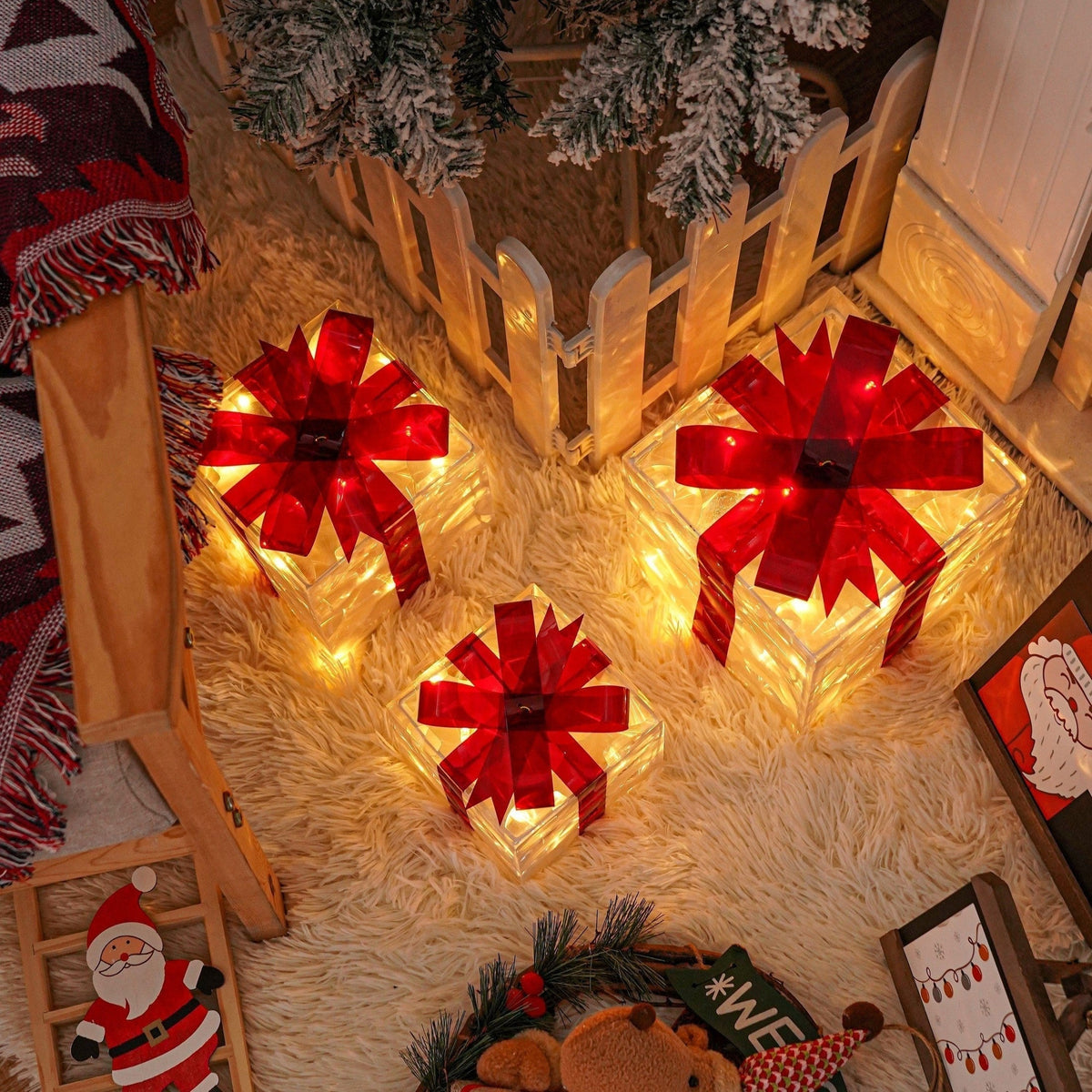 Feestelijke LED Geschenkdozen Set – 3 Verlichte Dozen voor Kerstdecoratie