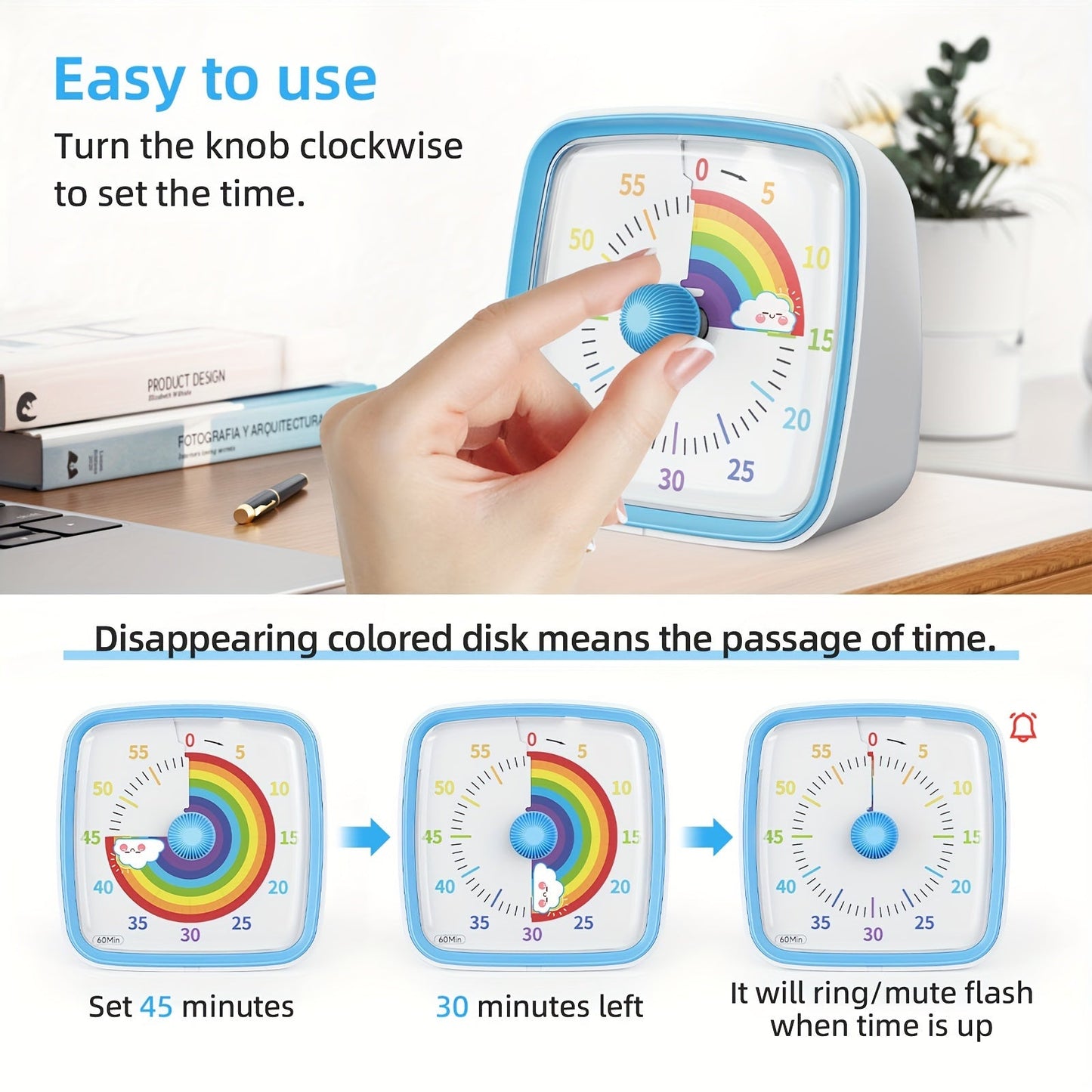 Regenboog Tijdbeheer Timer – Visuele 60-Minuten Afteltimer voor Studie, Werk en Thuis