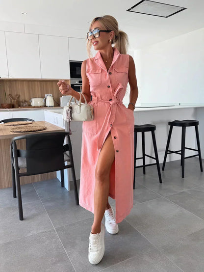 Dames Mouwloze Denim Jurk met Doorknoopsluiting Zomer