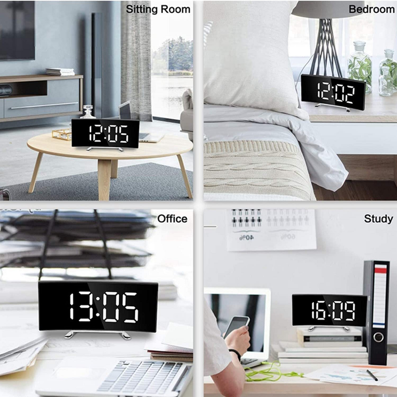 Gebogen LED Digitale Wekker met Groot Display - Dag/Nacht Modus