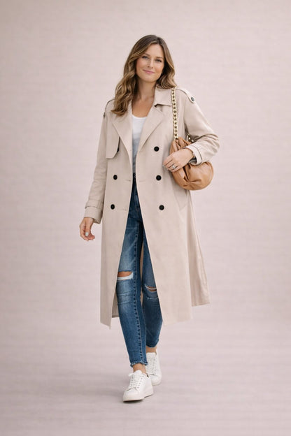 Elegante Dubbelrijige Trenchcoat met Ceintuur - Casual & Formeel