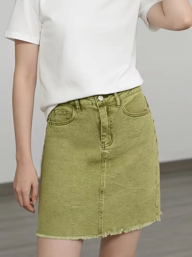 Dames Roze Denim Mini Rok met Hoge Taille en Rafelige Zoom