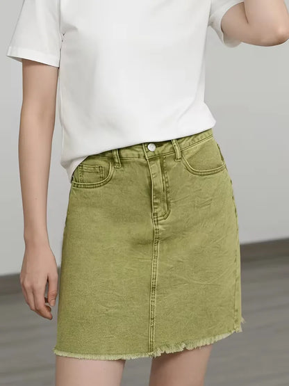 Dames Roze Denim Mini Rok met Hoge Taille en Rafelige Zoom