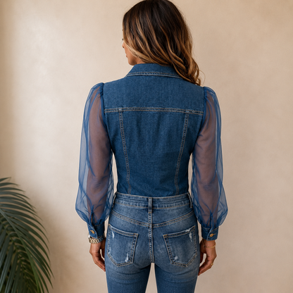 Elegante Denim-Look Blouse met Klassieke Kraag - Stijlvol en Comfortabel