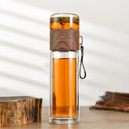 Thermofles met Theefilter – Glas & Hout – Dubbelwandig – 500 ml – ClearTherm