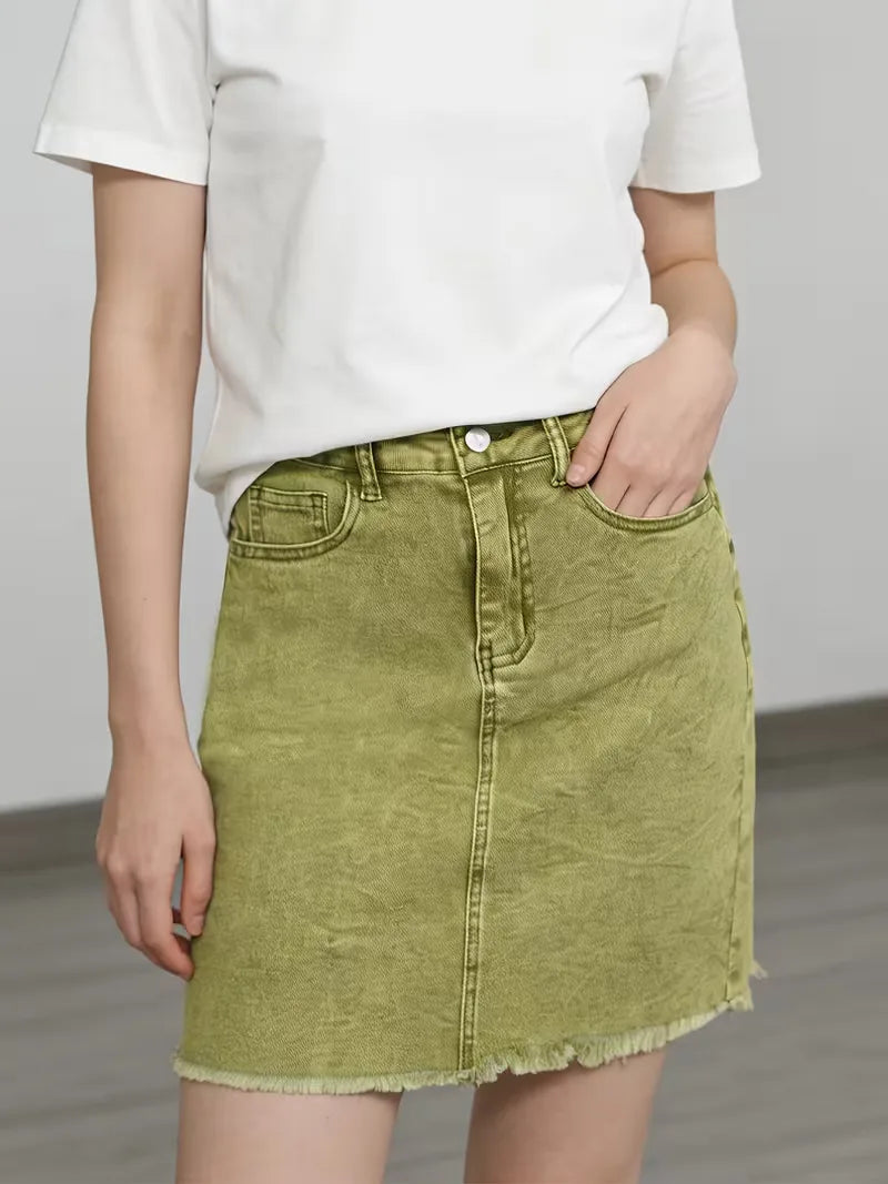 Dames Roze Denim Mini Rok met Hoge Taille en Rafelige Zoom