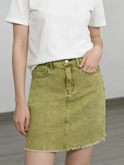 Dames Roze Denim Mini Rok met Hoge Taille en Rafelige Zoom
