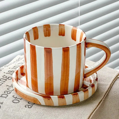 Gestreepte Retro Koffiemok met Schotel - Handgeschilderd Porselein