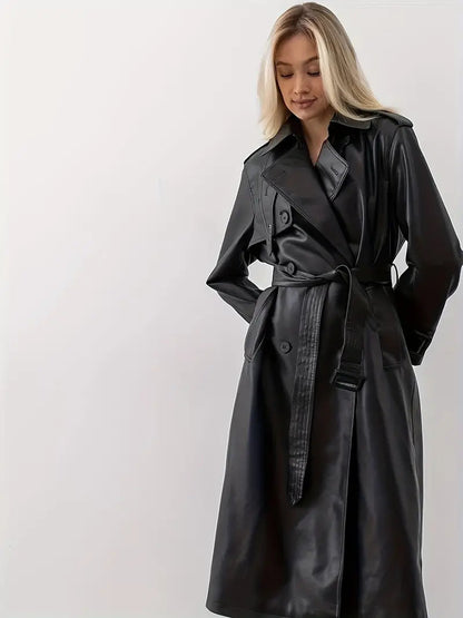 Eleganza Dames Leren Trenchcoat – Lang Model met Tailleriem en Dubbelzijdige Sluiting