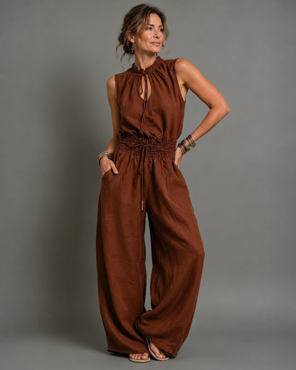 Elegante Mouwloze Jumpsuit met Wijde Pijpen - Verstelbare Taille