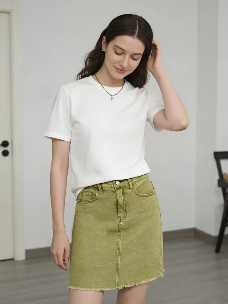 Dames Roze Denim Mini Rok met Hoge Taille en Rafelige Zoom