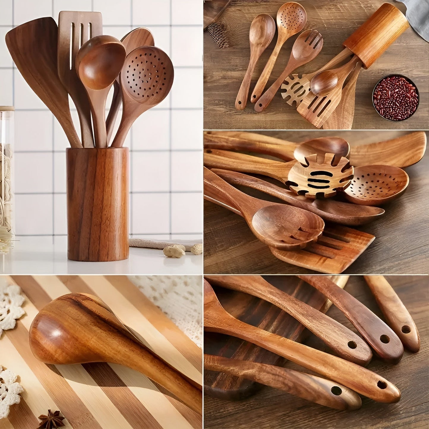 7-Delige Houten Keukengerei Set voor Pannen en Dagelijks Koken