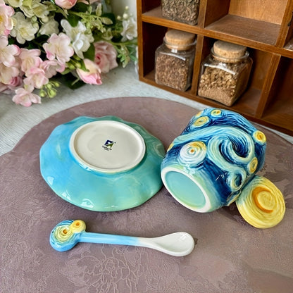 ArtSip Keramische Kop & Schotel Set – Handgeschilderd 3D Design geïnspireerd op Van Gogh