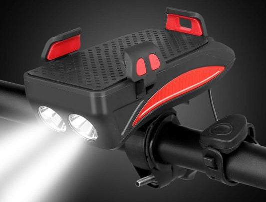4-in-1 Fietsgadget – Telefoonhouder, Powerbank, LED Verlichting en Claxon