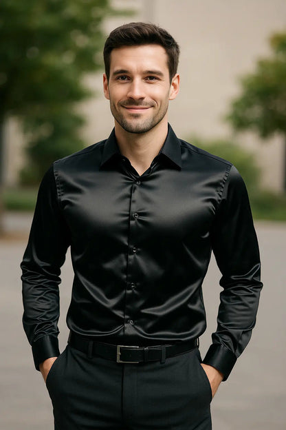 Heren Overhemd SatinElegance – Luxe Satijnen Slim Fit Blouse met Lange Mouw