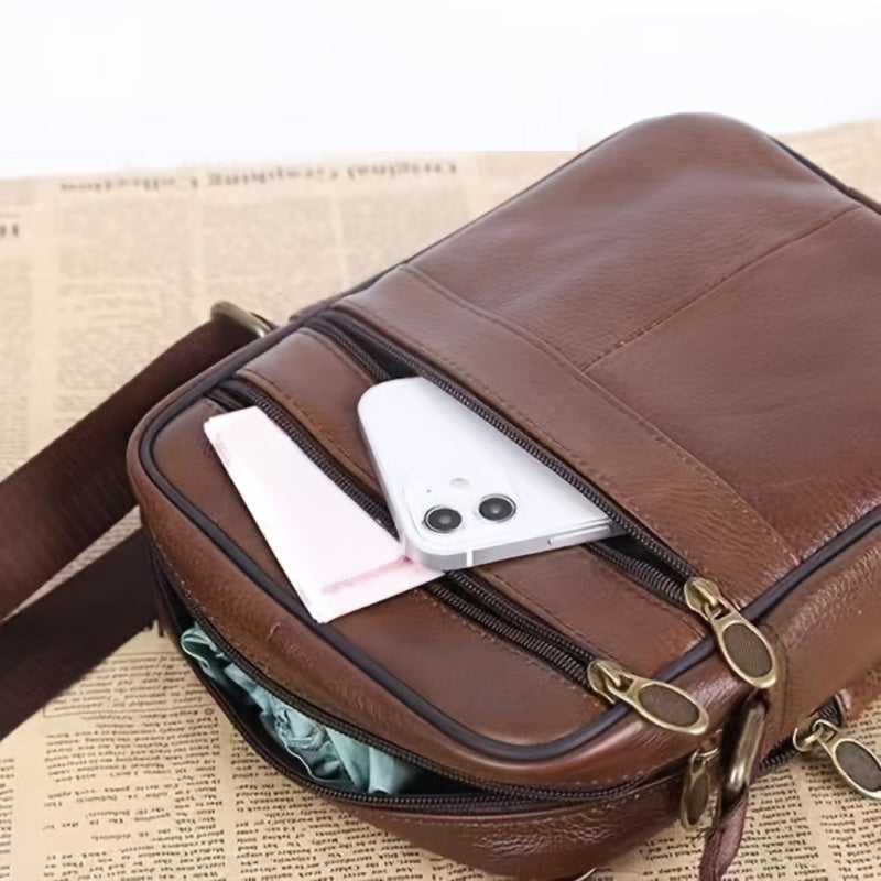 Leren Heren Schoudertas – Ruime Rundlederen Tas met Verstelbare Band