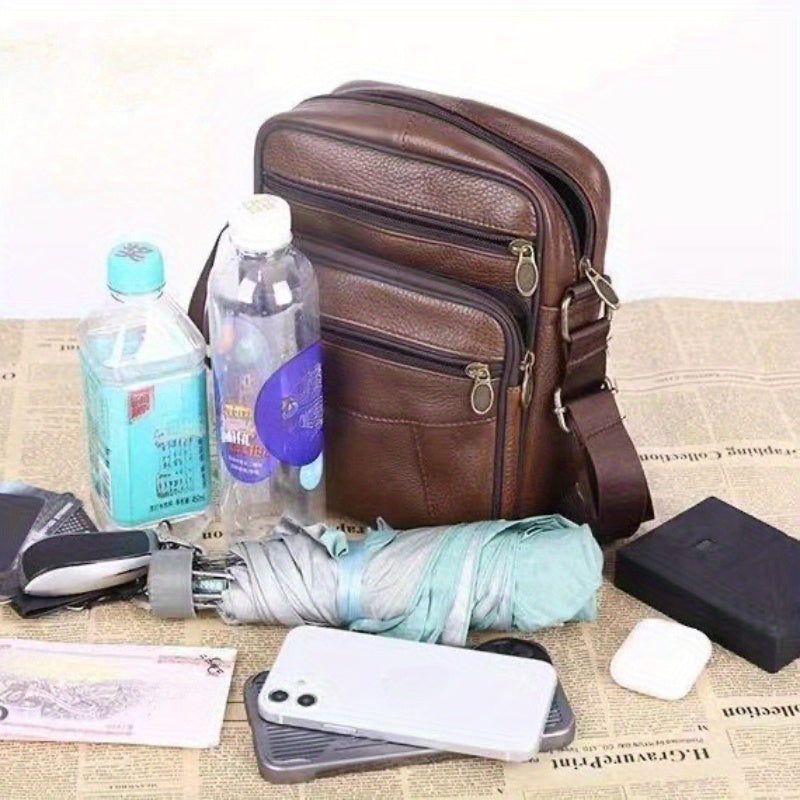 Leren Heren Schoudertas – Ruime Rundlederen Tas met Verstelbare Band