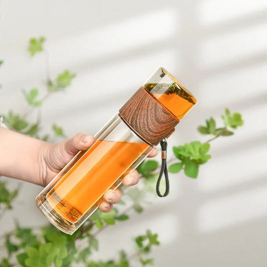 Thermofles met Theefilter – Glas & Hout – Dubbelwandig – 500 ml – ClearTherm