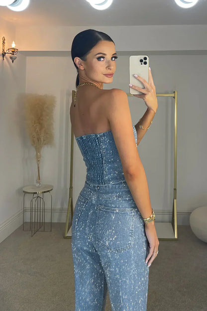 Liora Glitter Set – Glinsterende damesoutfit met top en hoge taille jeans