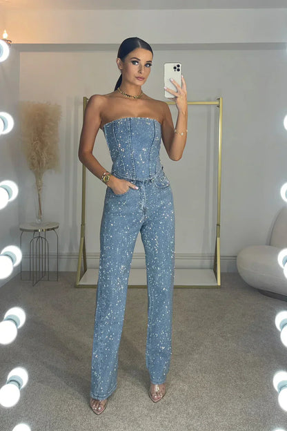 Liora Glitter Set – Glinsterende damesoutfit met top en hoge taille jeans