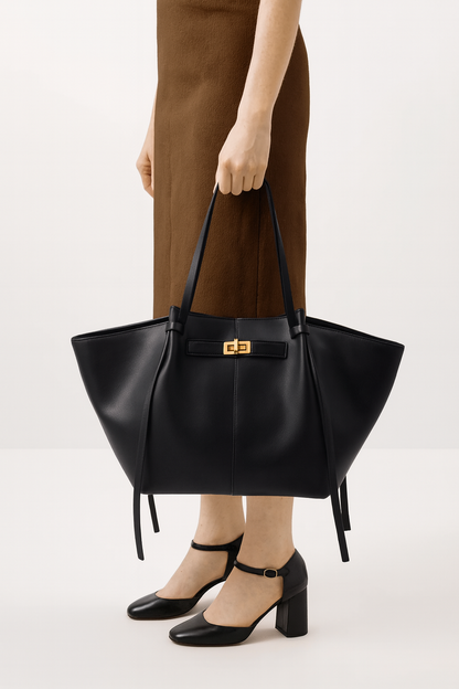 Elegante Zwarte PU Leren Schoudertas met Gouden Details - Ruime Laptoptas