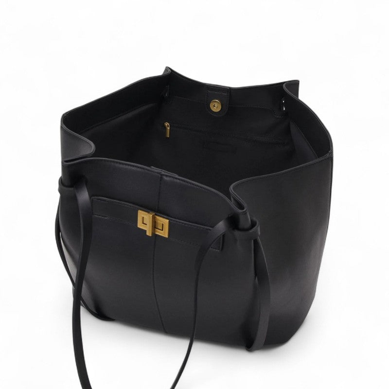 Elegante Zwarte PU Leren Schoudertas met Gouden Details - Ruime Laptoptas