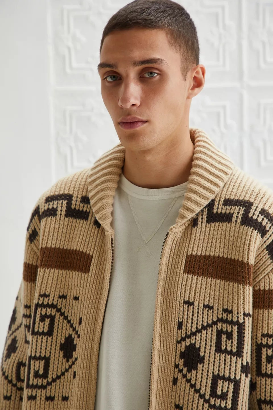 Retro Jacquard Heren Vest met Sjaalkraag - Comfortabel Casual Design