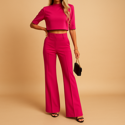 Herfstlicht Tweedelige Dames Set – Cropped Top en Getailleerde Broek met Elastische Tailleband
