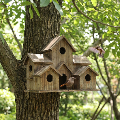 Rustiek Houten Vogelhuisje met 6 Kamers - Handgemaakt Nestkastje voor de Tuin