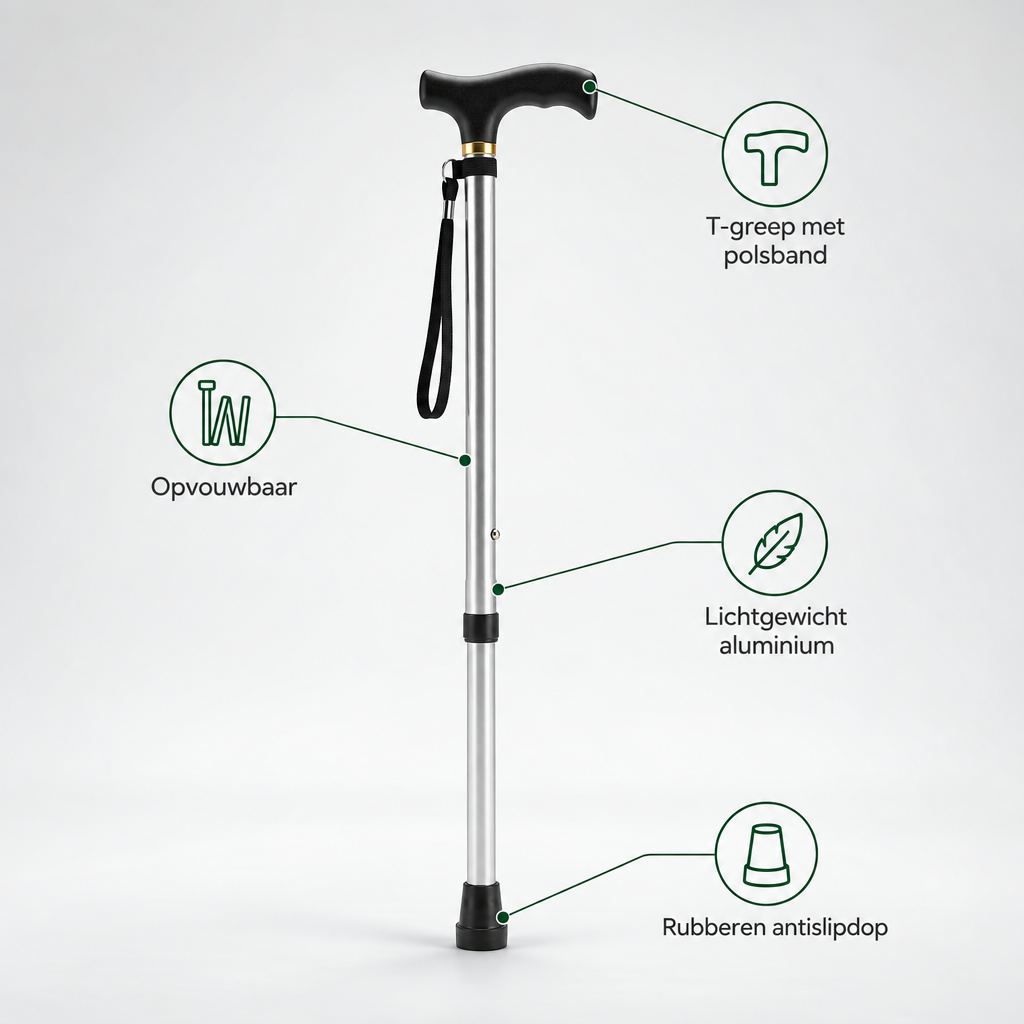Comfort Inklapbare Wandelstok - Lichtgewicht Aluminium met T-Greep en Polsband