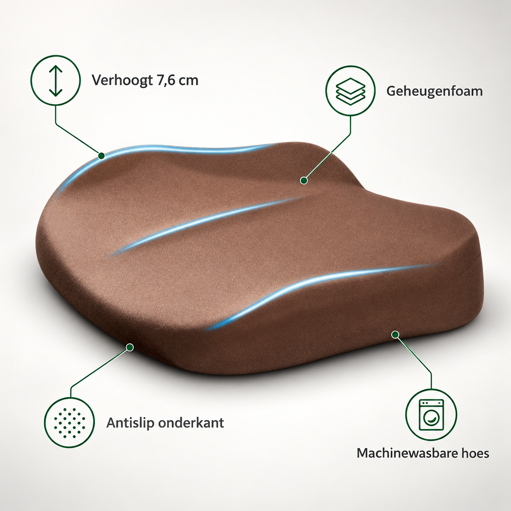Ergonomisch Zitverhoger Geheugenfoam - 7,6 cm Verhoging voor Auto en Kantoor, 43 x 43 cm