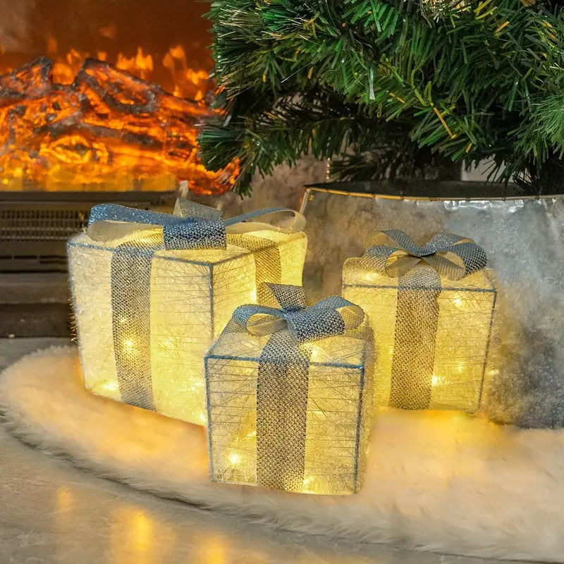 Feestelijke LED Geschenkdozen Set – 3 Verlichte Dozen voor Kerstdecoratie
