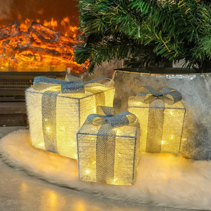 Feestelijke LED Geschenkdozen Set – 3 Verlichte Dozen voor Kerstdecoratie