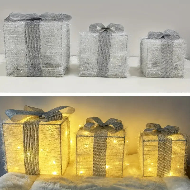Feestelijke LED Geschenkdozen Set – 3 Verlichte Dozen voor Kerstdecoratie