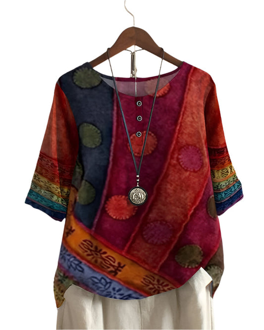 BohoFlair – Dames Vintage Blouse met Losse Pasvorm en Kleurrijk Patroon