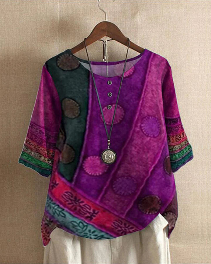 BohoFlair – Dames Vintage Blouse met Losse Pasvorm en Kleurrijk Patroon