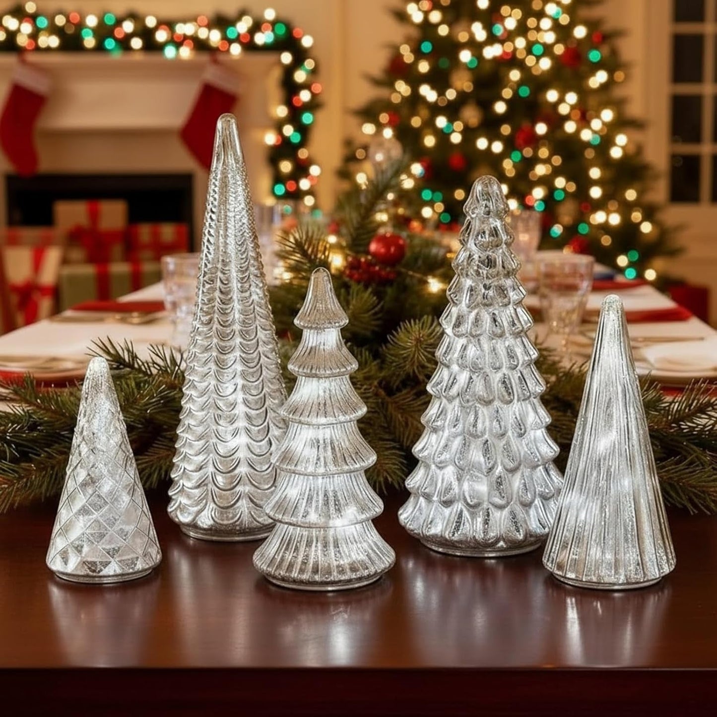 GlansPine LED Dennenset – 5-delige Zilveren Kerstdecoratie met Warm Licht