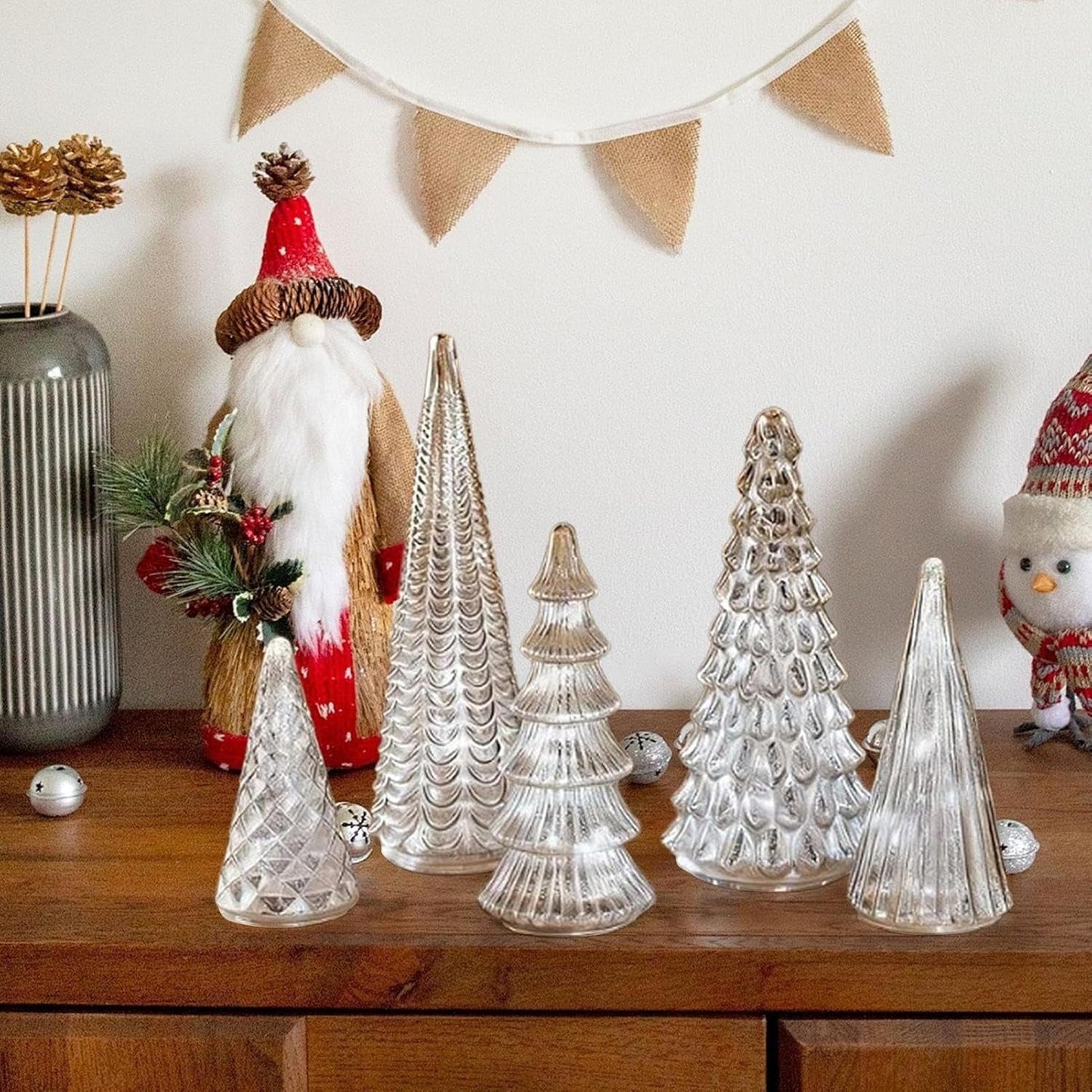 GlansPine LED Dennenset – 5-delige Zilveren Kerstdecoratie met Warm Licht