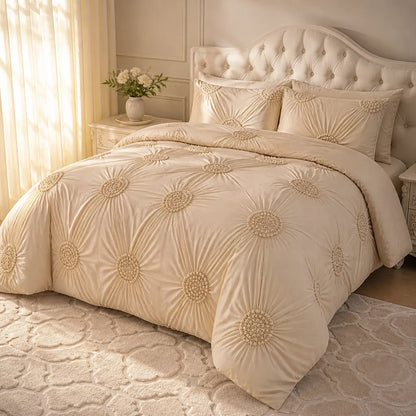 Ivoorkleurige dekbedovertrekset met geplooide rozetten en kussenslopen