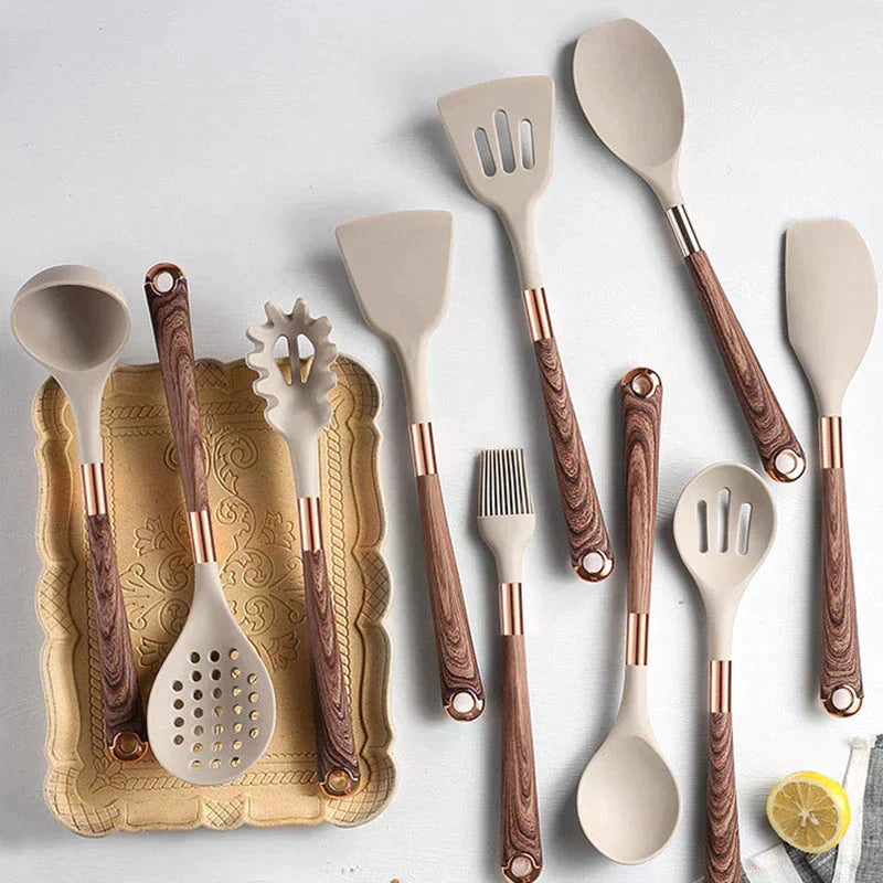 KookSet Eleganza – 10-delige Siliconen Keukenset met Houten Handvat