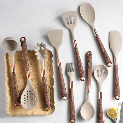 KookSet Eleganza – 10-delige Siliconen Keukenset met Houten Handvat