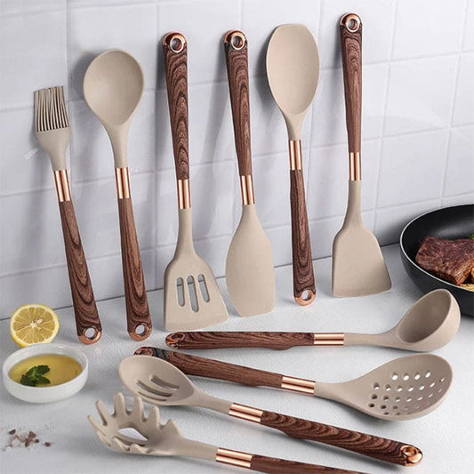 KookSet Eleganza – 10-delige Siliconen Keukenset met Houten Handvat
