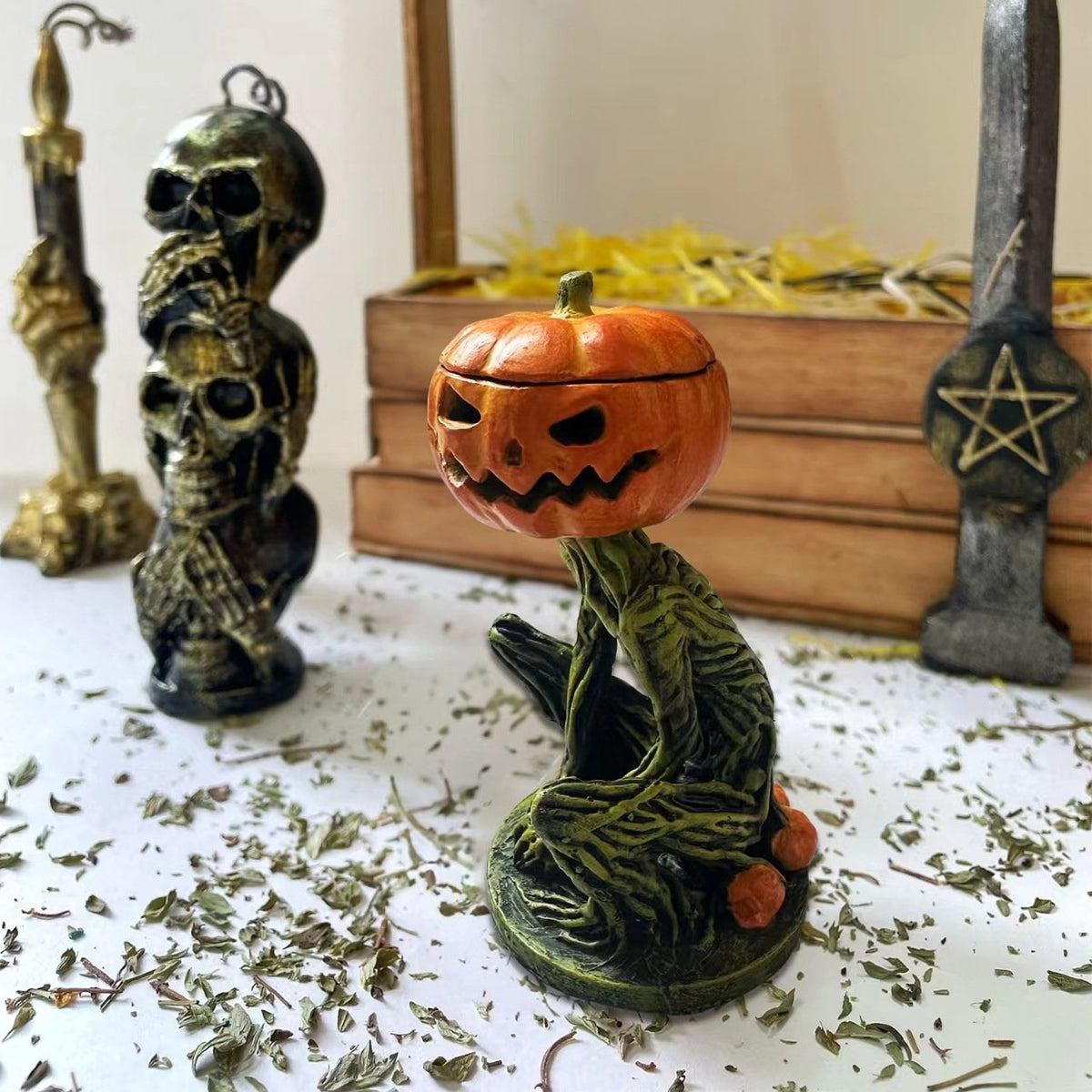 Verlichte Griezel Pompoen Decoratie - Handgemaakt Halloween Ornament
