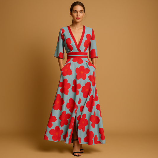 Fleurina Lange Bloemenjurk met V-Hals en Zakken – Zomers en Elegant