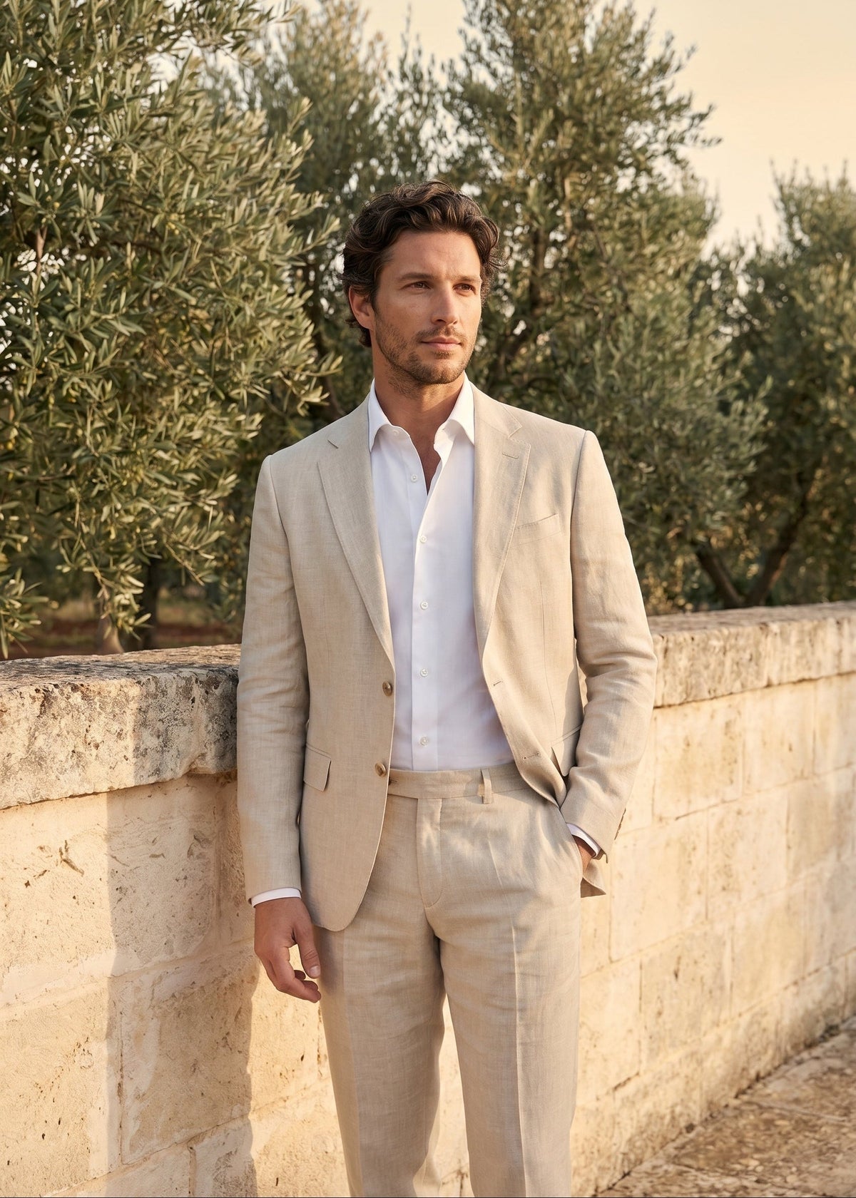 Linnen Bruiloftspak Heren Beige - Tailored Fit Zomerpak