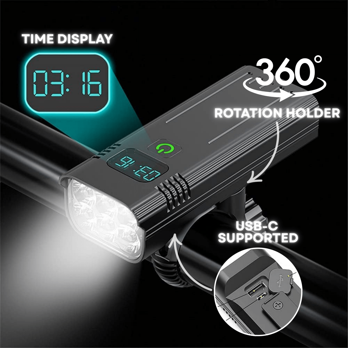 Premium LED Fietskoplamp 5000 Lumen met USB-C Oplaadbare Accu