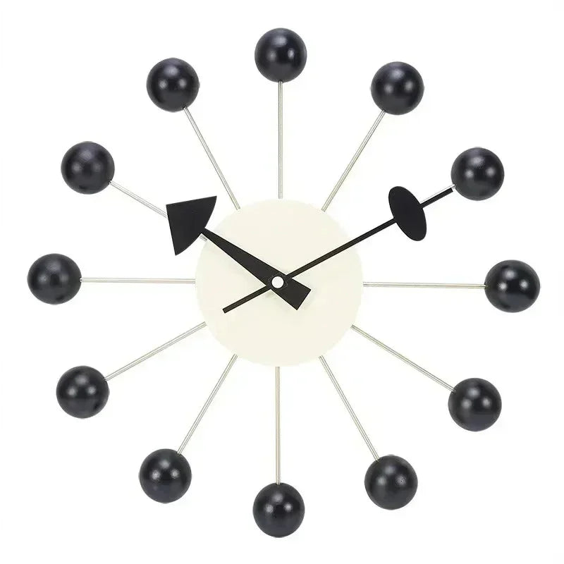 Retro Houten Ballenklok - Stille Wandklok met Metalen Frame
