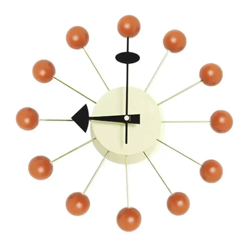 Retro Houten Ballenklok - Stille Wandklok met Metalen Frame