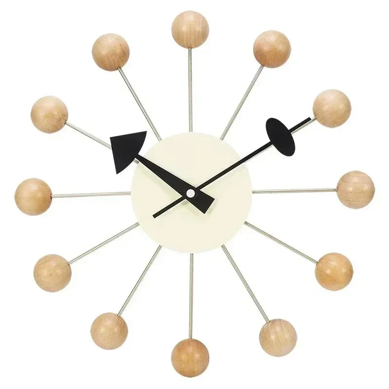 Retro Houten Ballenklok - Stille Wandklok met Metalen Frame