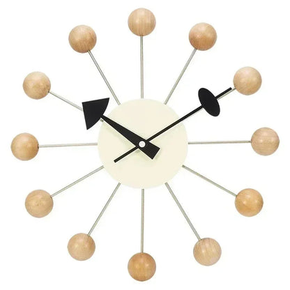 Retro Houten Ballenklok - Stille Wandklok met Metalen Frame